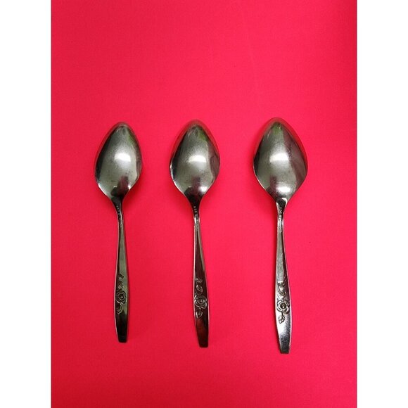1881 Rogers Oneida Our Rose Stainless Flatware 3Teaspoons 6" Glossy - Picture 2 of 3